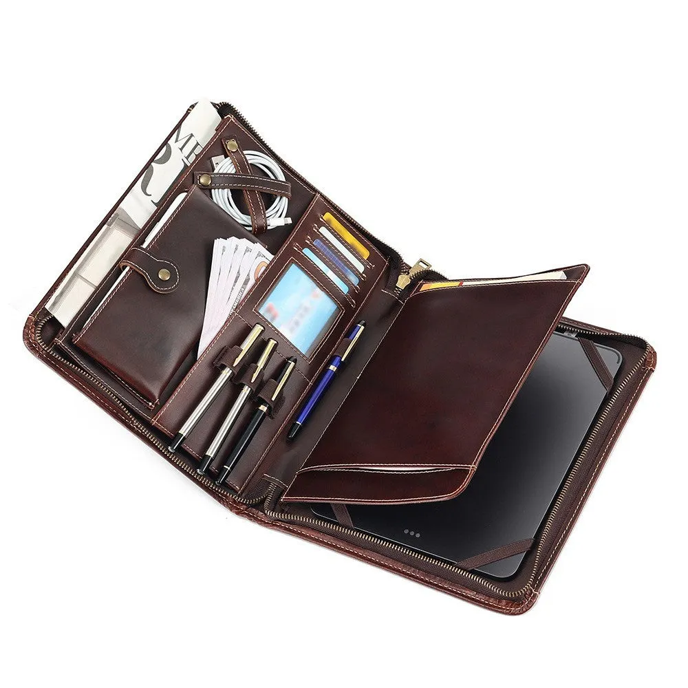 Genuine cowhide leather computer protective case with organisational compartments.