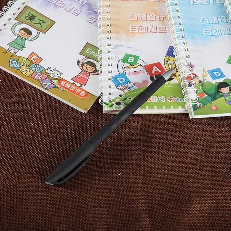 Automatic fade and disappear pen set showing pen holder, case, and eight refill cartridges of vanishing ink