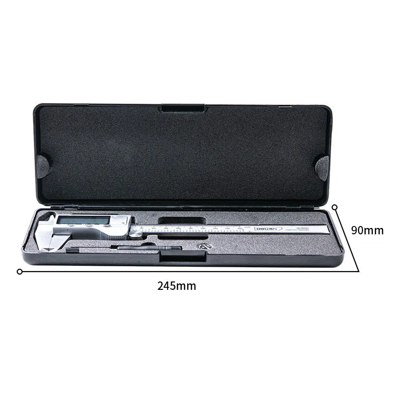 Deli stainless steel digital vernier caliper on a workshop bench showing 0.01mm resolution display.