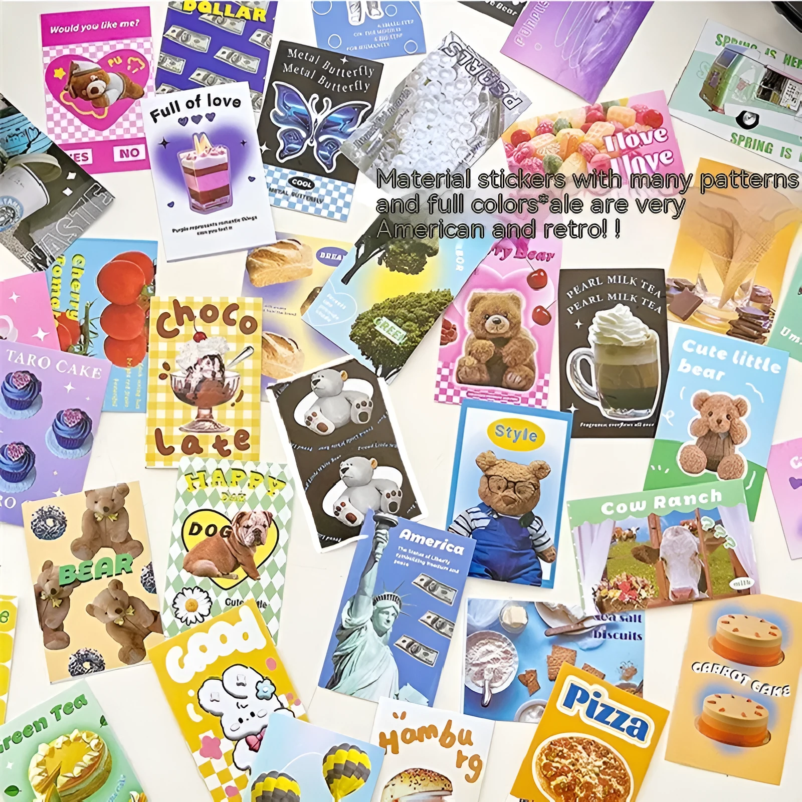 American retro cartoon style sticker book open to show 4x6cm sheets in six colours: black, pink, blue, green, purple, and yellow.
