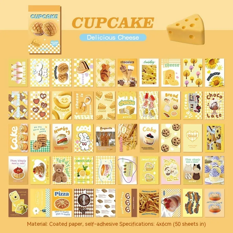 American retro cartoon style sticker book open to show 4x6cm sheets in six colours: black, pink, blue, green, purple, and yellow.