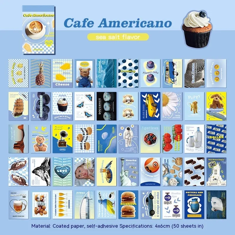 American retro cartoon style sticker book open to show 4x6cm sheets in six colours: black, pink, blue, green, purple, and yellow.