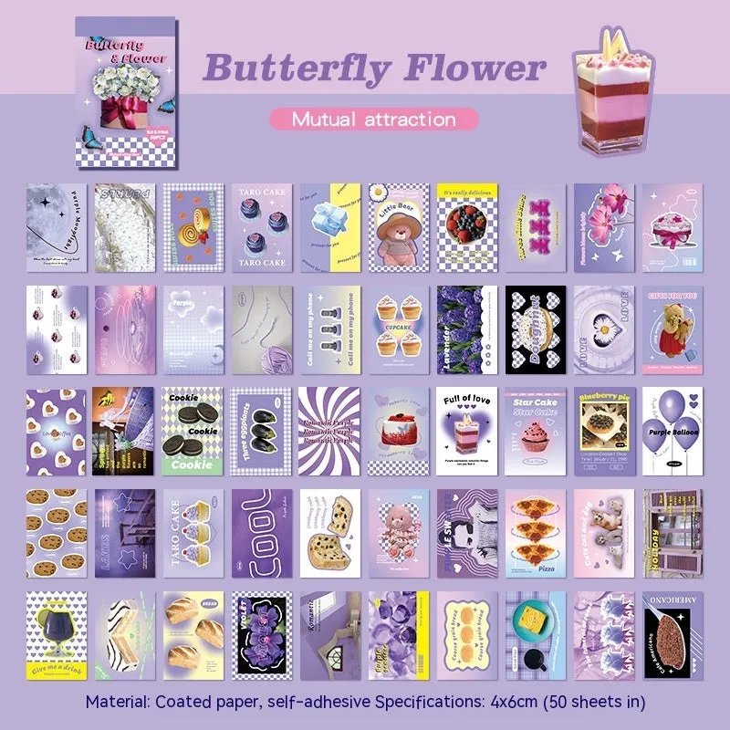 American retro cartoon style sticker book open to show 4x6cm sheets in six colours: black, pink, blue, green, purple, and yellow.