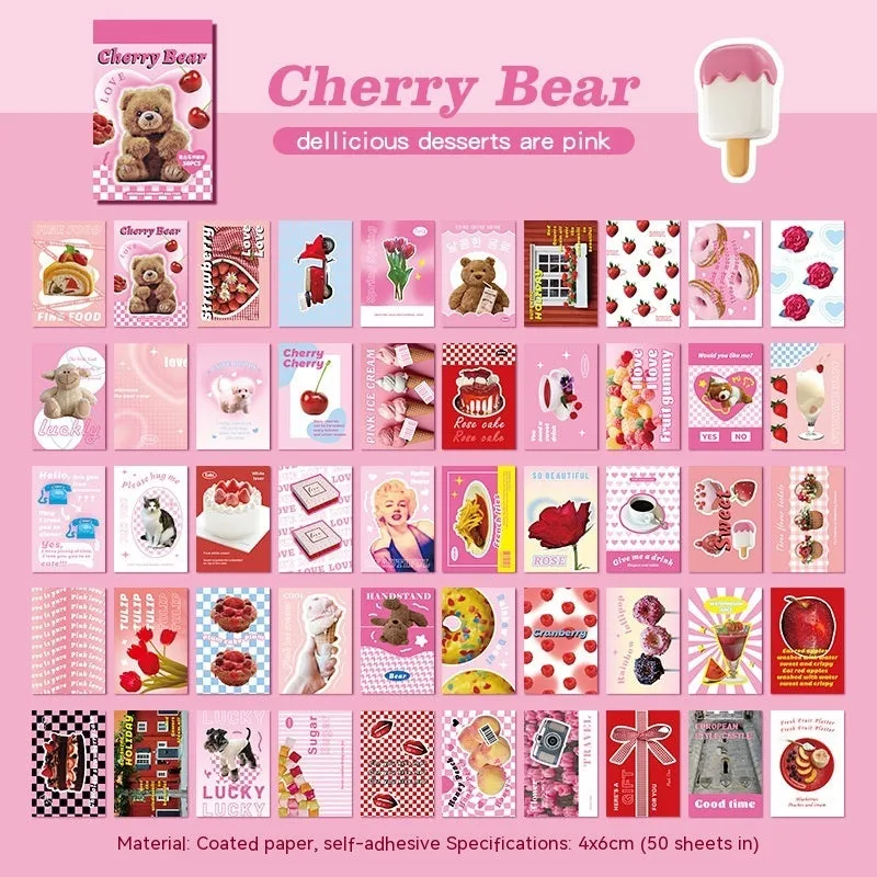 American retro cartoon style sticker book open to show 4x6cm sheets in six colours: black, pink, blue, green, purple, and yellow.