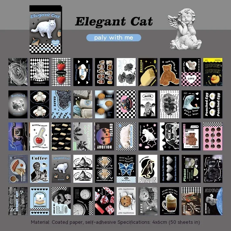American retro cartoon style sticker book open to show 4x6cm sheets in six colours: black, pink, blue, green, purple, and yellow.