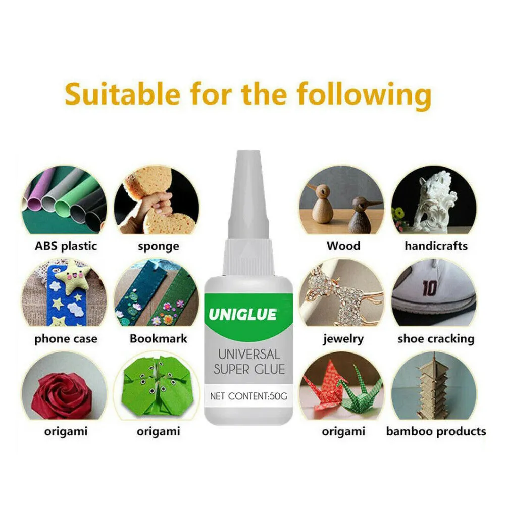 Bottle of Uniglue Universal Super Glue with a pinpoint nozzle, shown repairing a cracked ceramic mug.