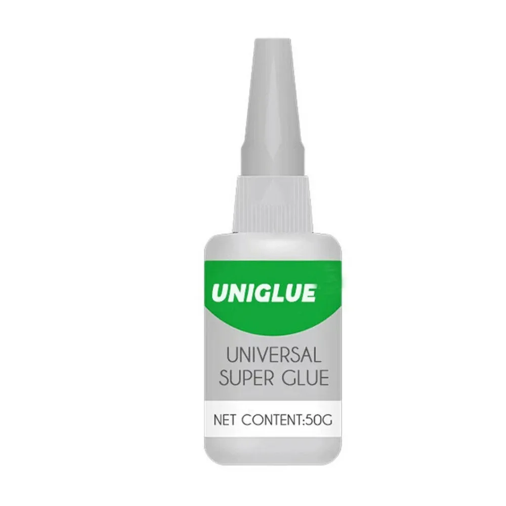 Bottle of Uniglue Universal Super Glue with a pinpoint nozzle, shown repairing a cracked ceramic mug.