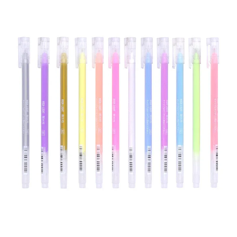 Set of Shiny Metal Quicksand gel pens in assorted metallic and pearlescent colours on dark paper.