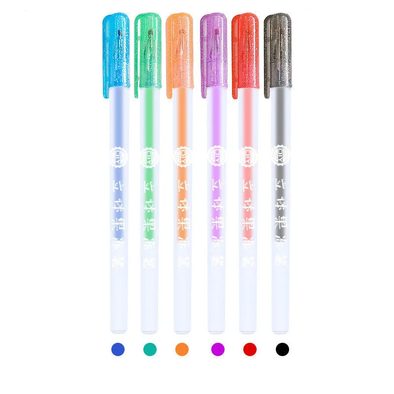 Set of Shiny Metal Quicksand gel pens in assorted metallic and pearlescent colours on dark paper.
