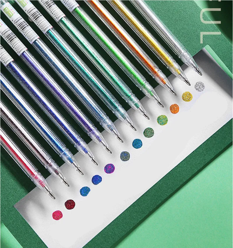 Set of Shiny Metal Quicksand gel pens in assorted metallic and pearlescent colours on dark paper.