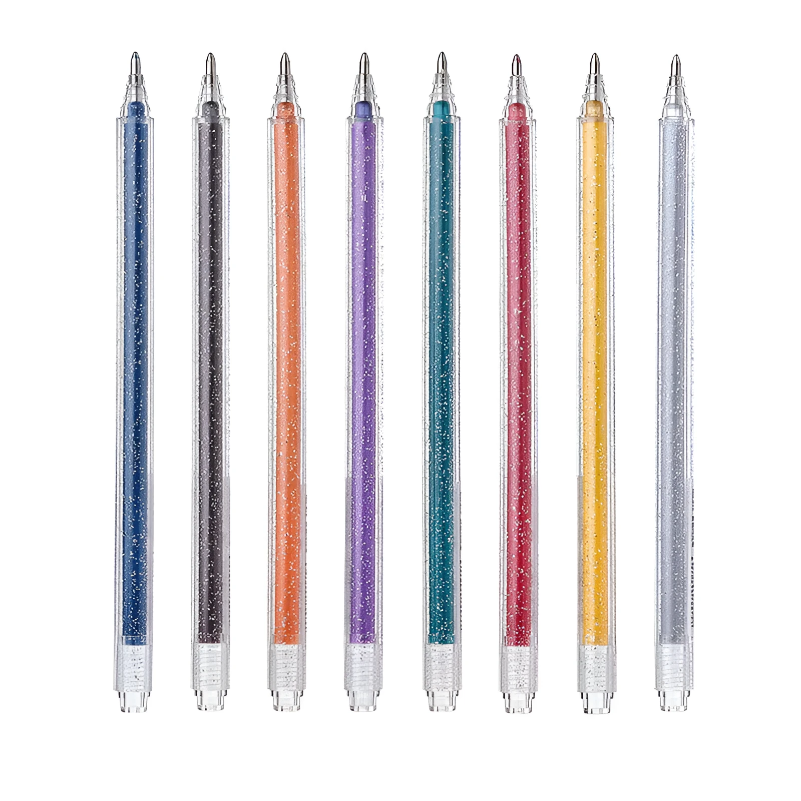 Set of Shiny Metal Quicksand gel pens in assorted metallic and pearlescent colours on dark paper.