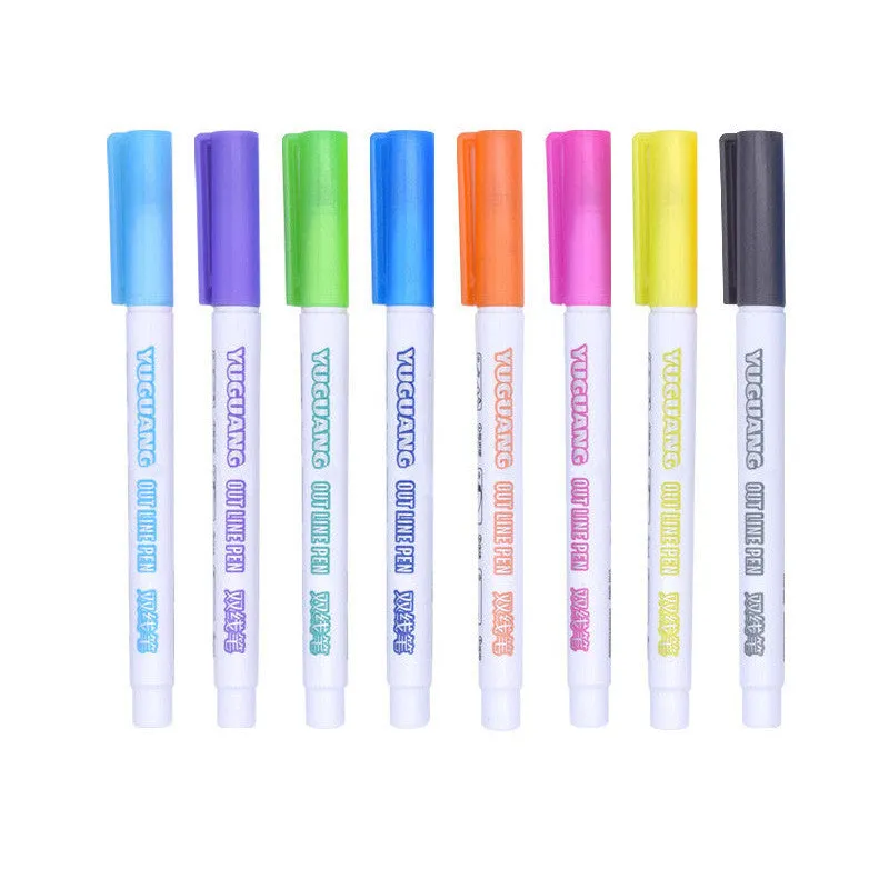 Set of Shiny Metal Quicksand gel pens in assorted metallic and pearlescent colours on dark paper.