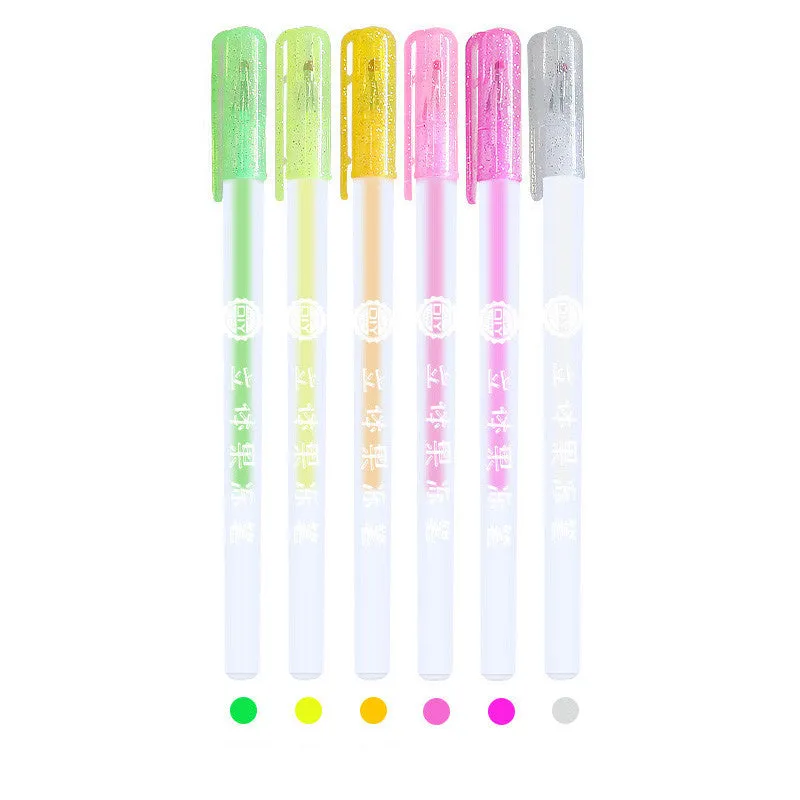 Set of Shiny Metal Quicksand gel pens in assorted metallic and pearlescent colours on dark paper.
