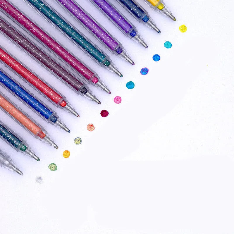 Set of Shiny Metal Quicksand gel pens in assorted metallic and pearlescent colours on dark paper.