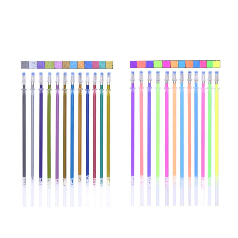 Set of Shiny Metal Quicksand gel pens in assorted metallic and pearlescent colours on dark paper.