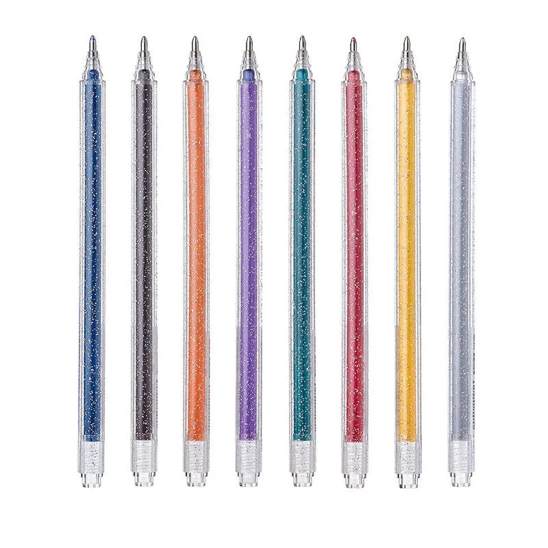 Set of Shiny Metal Quicksand gel pens in assorted metallic and pearlescent colours on dark paper.