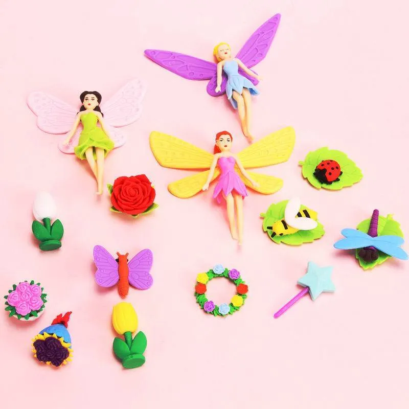 Flower Fairy 12-piece TPR moulding eraser set in Flower Fairy and Mermaid colours for pencil modification