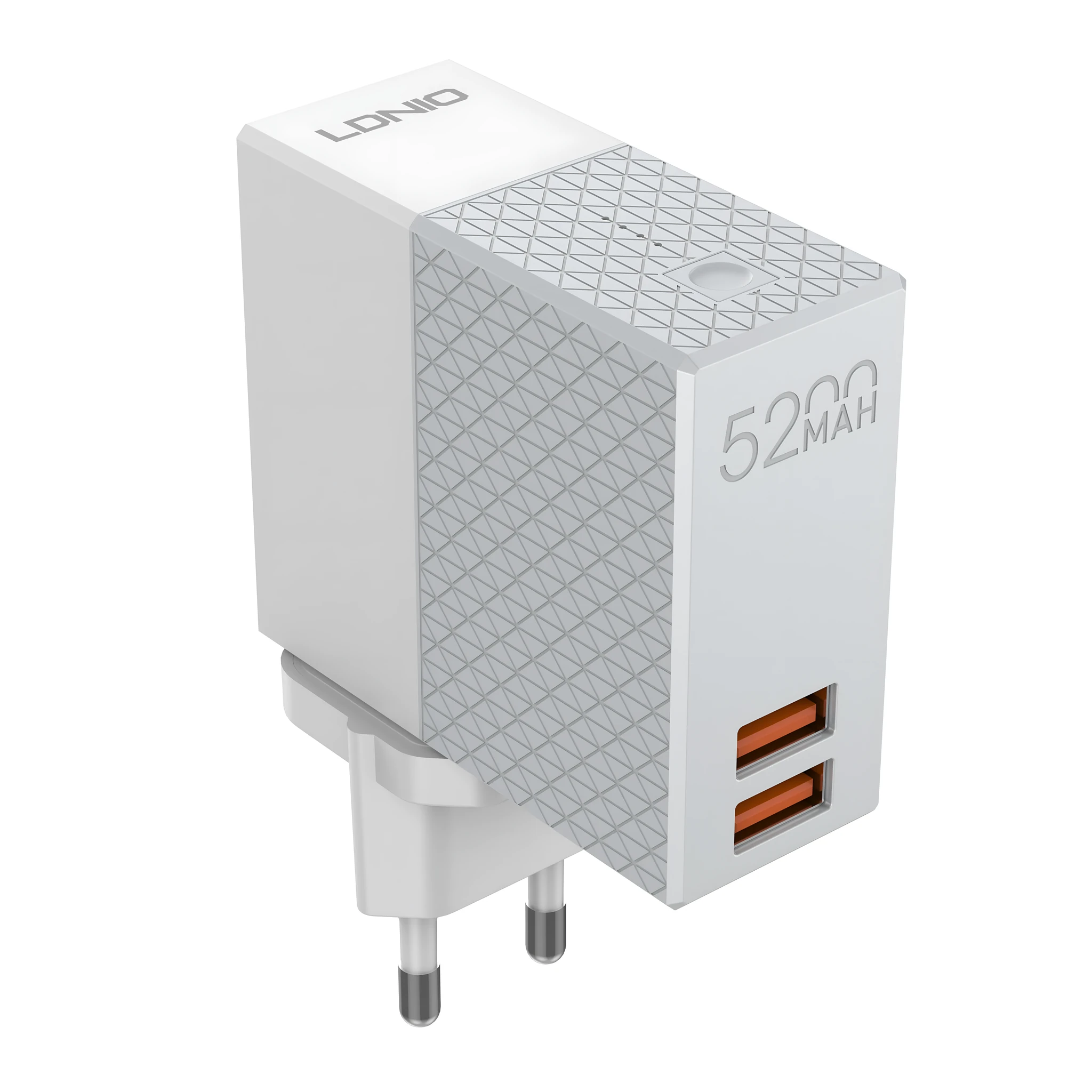 White mobile power bank charger with integrated plug showing UK, US and EU plug options