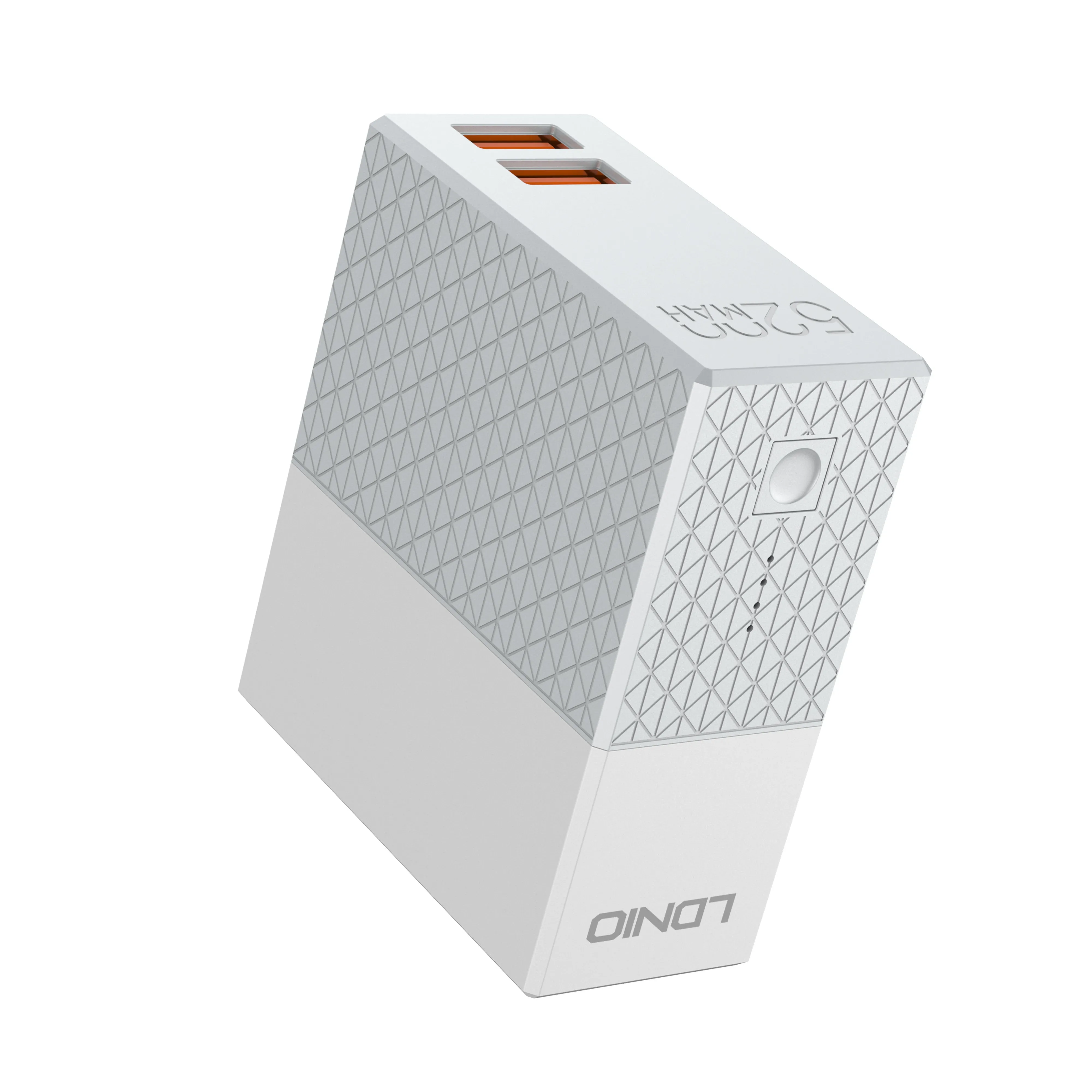 White mobile power bank charger with integrated plug showing UK, US and EU plug options