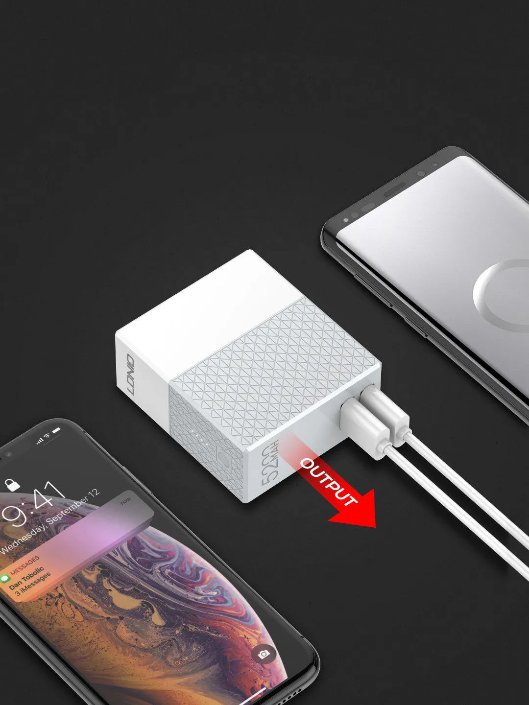 White mobile power bank charger with integrated plug showing UK, US and EU plug options