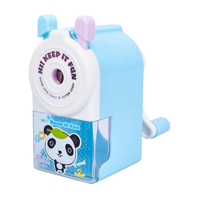 Cartoon-shaped manual pencil sharpener in blue, green, pink, or purple plastic.