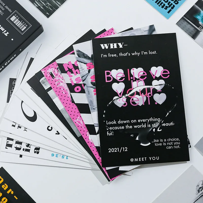 Box of fresh style creative postcards showing two different printed message designs.