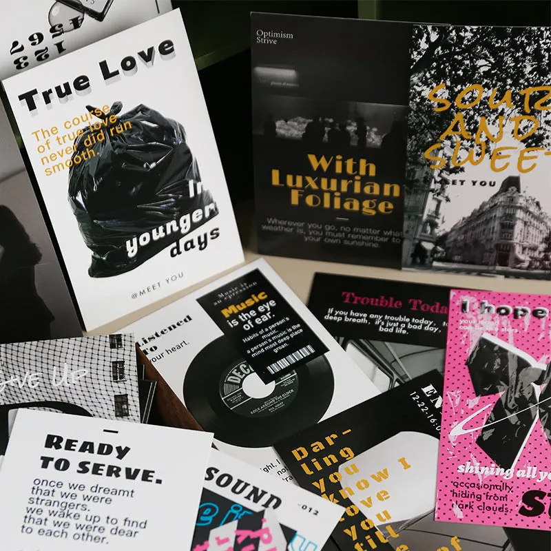Box of fresh style creative postcards showing two different printed message designs.