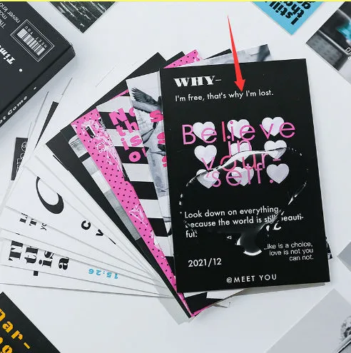 Box of fresh style creative postcards showing two different printed message designs.