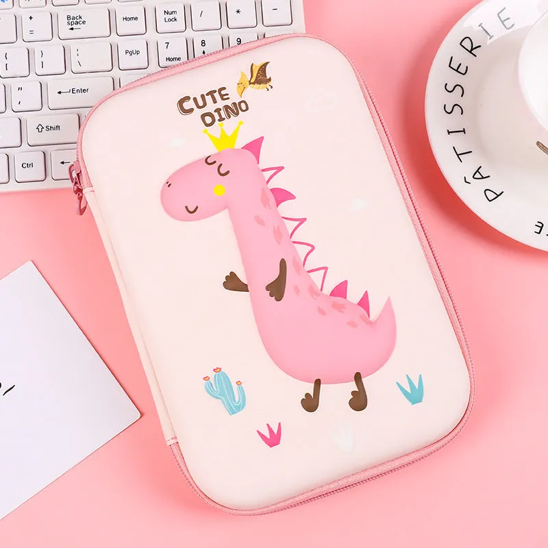 Square canvas pencil case with cartoon character design in rabbit, dinosaur, or moon cat style with zippered closure