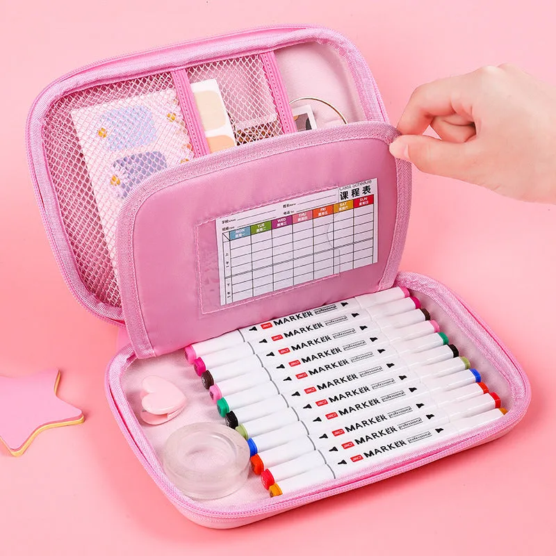 Square canvas pencil case with cartoon character design in rabbit, dinosaur, or moon cat style with zippered closure