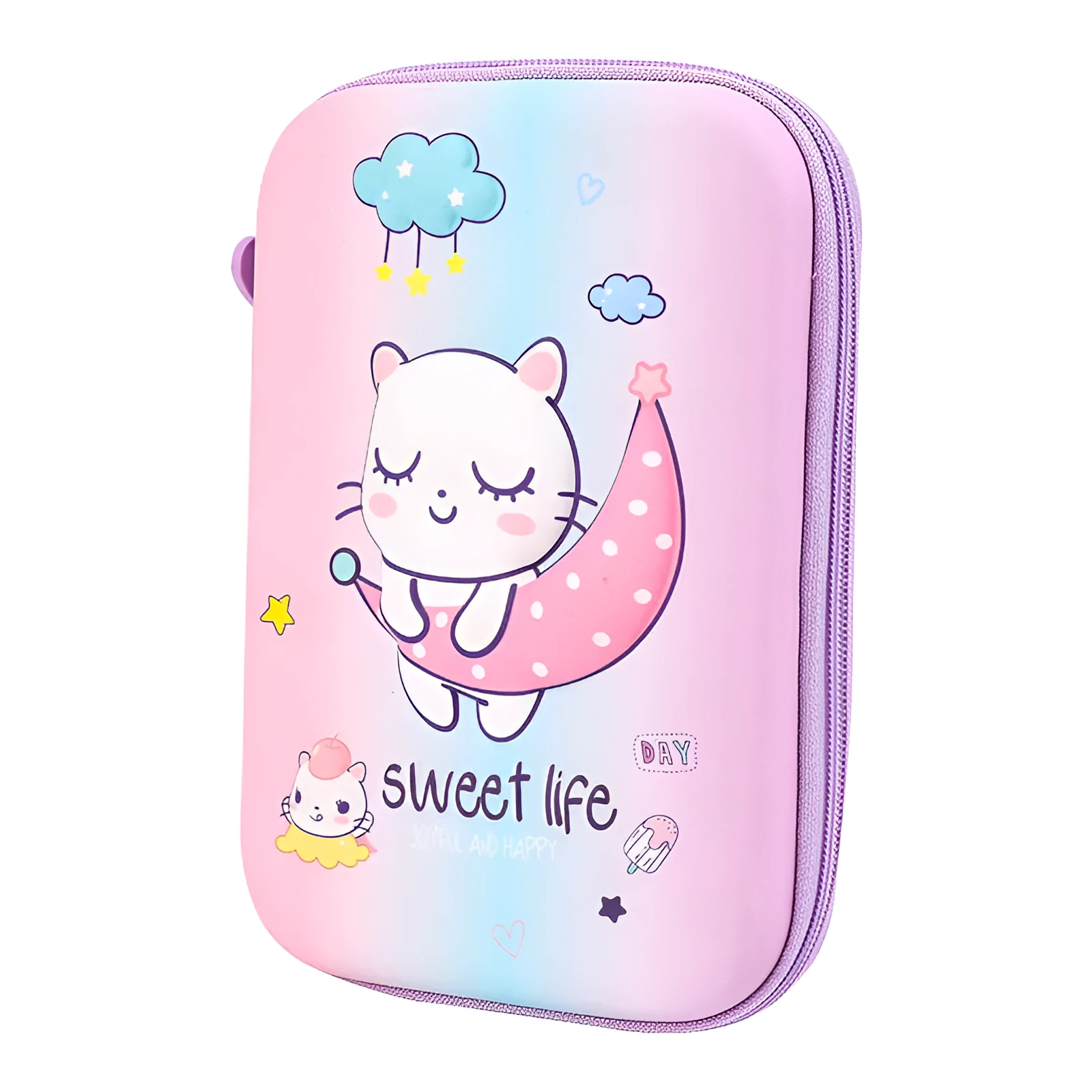 Square canvas pencil case with cartoon character design in rabbit, dinosaur, or moon cat style with zippered closure