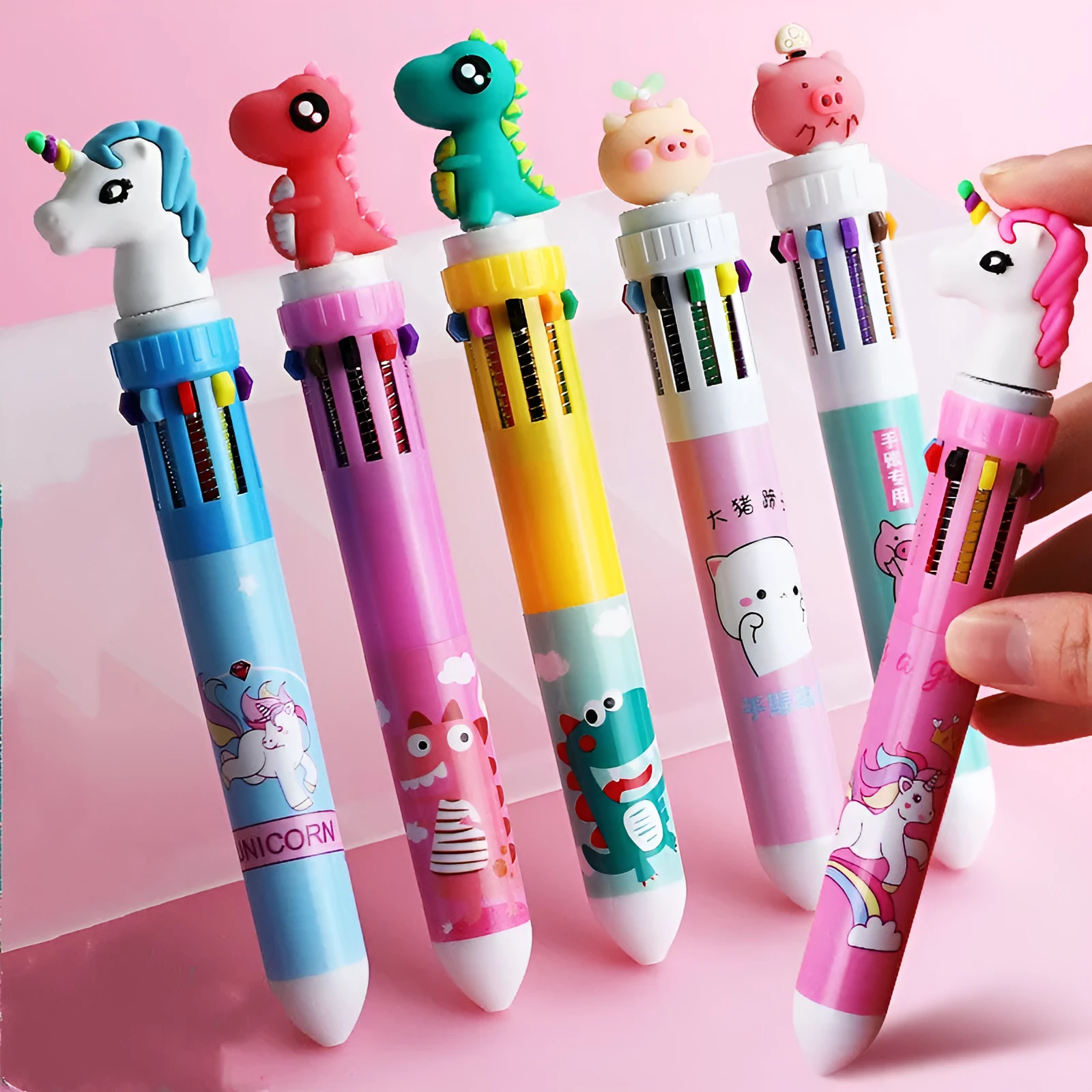 Cartoon-themed ballpoint pen showing ten colour options including red, blue, and green with a 0.5mm tip.