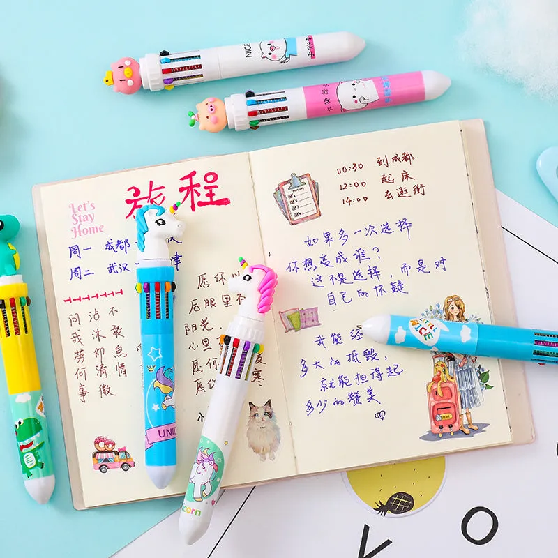 Cartoon-themed ballpoint pen showing ten colour options including red, blue, and green with a 0.5mm tip.