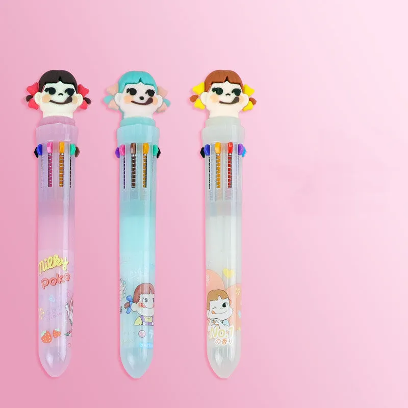 Cartoon-themed ballpoint pen showing ten colour options including red, blue, and green with a 0.5mm tip.