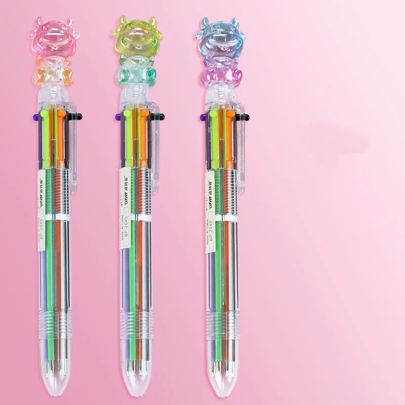 Cartoon-themed ballpoint pen showing ten colour options including red, blue, and green with a 0.5mm tip.