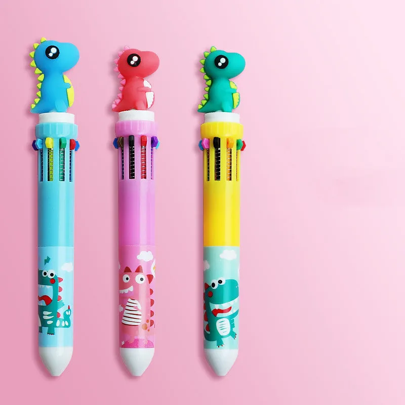 Cartoon-themed ballpoint pen showing ten colour options including red, blue, and green with a 0.5mm tip.
