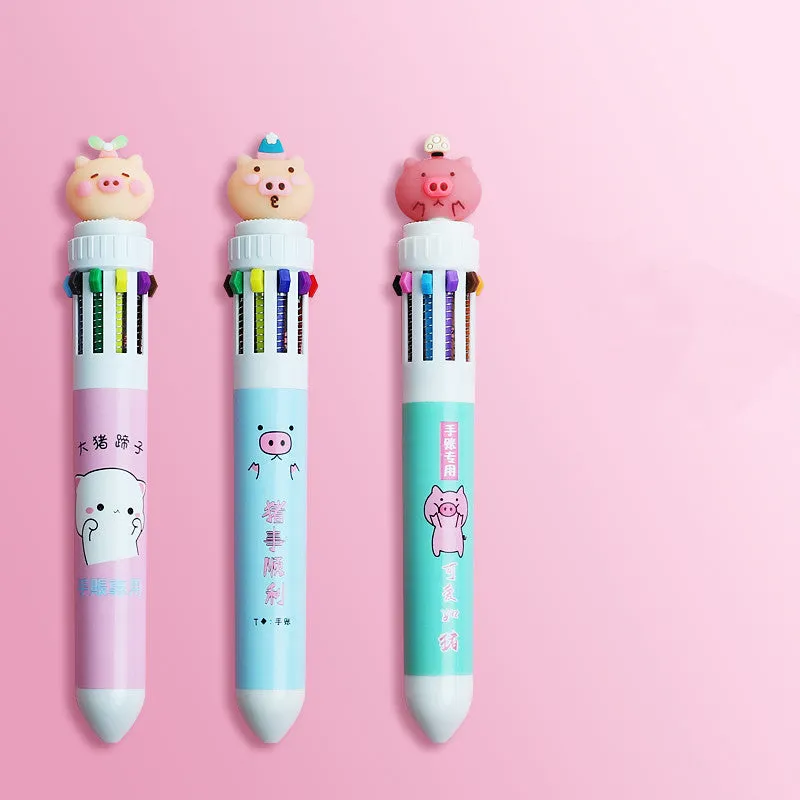 Cartoon-themed ballpoint pen showing ten colour options including red, blue, and green with a 0.5mm tip.