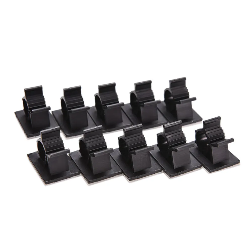 Ten black nylon adhesive cable clamps for wire management, showing two-stage lock design.
