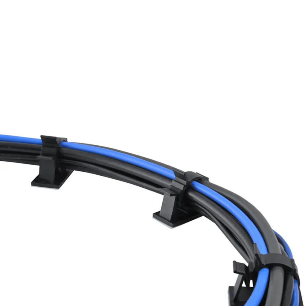 Ten black nylon adhesive cable clamps for wire management, showing two-stage lock design.