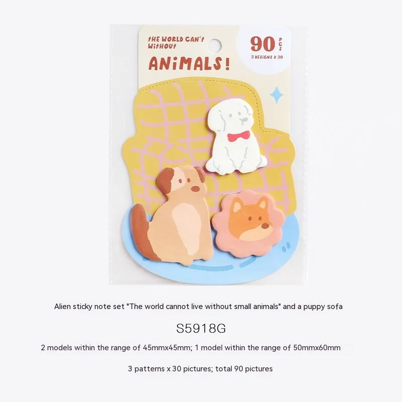 Small animal shaped sticky note pad set with 90 pages, showing one of six illustrated cover designs.