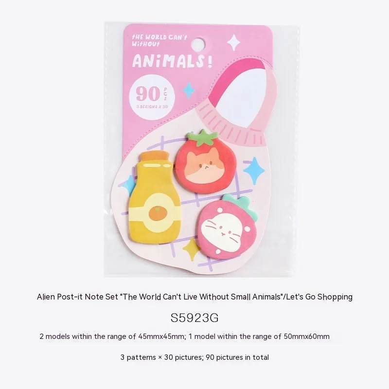 Small animal shaped sticky note pad set with 90 pages, showing one of six illustrated cover designs.