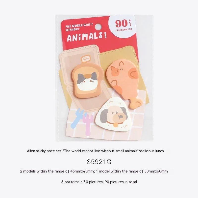 Small animal shaped sticky note pad set with 90 pages, showing one of six illustrated cover designs.