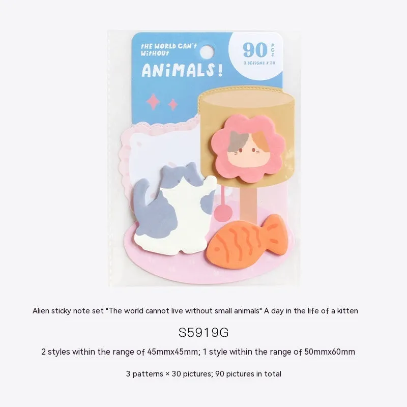 Small animal shaped sticky note pad set with 90 pages, showing one of six illustrated cover designs.