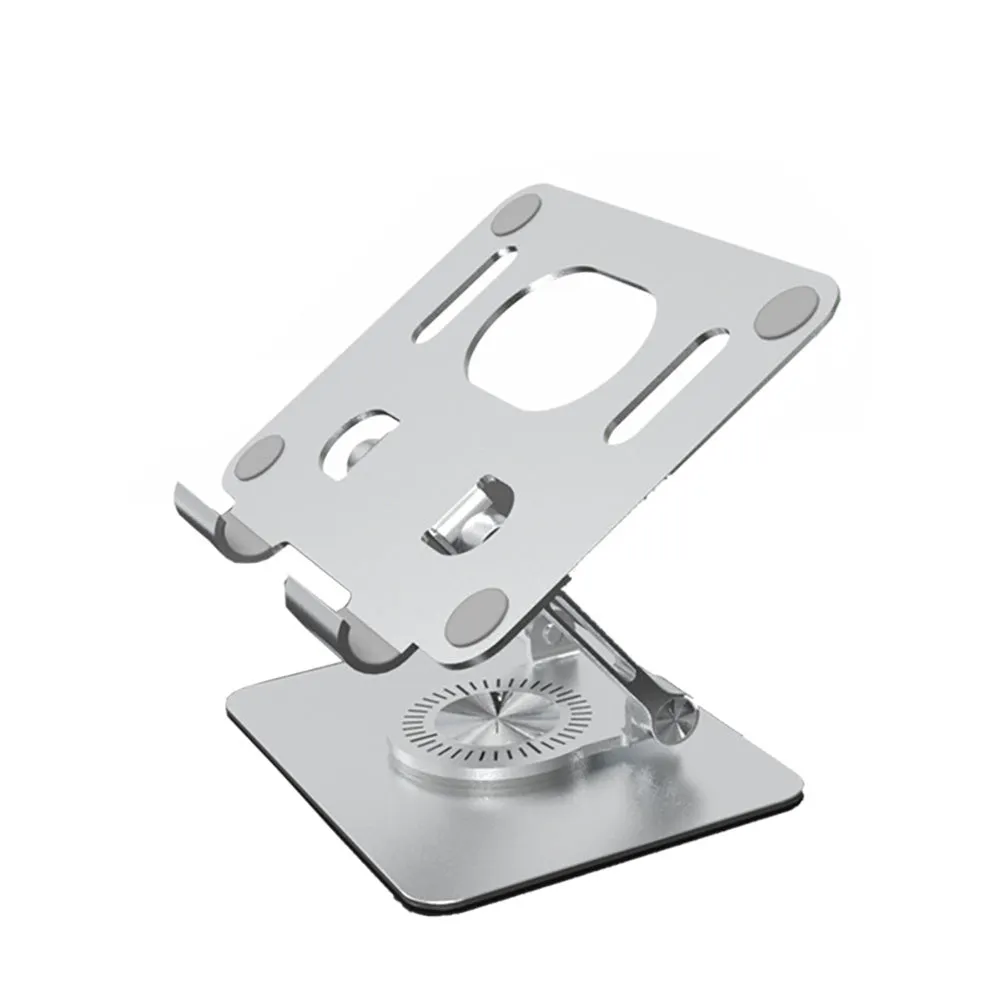 Rotating metal and silicone tablet stand in silver or black, showing adjustable height and 360-degree rotation.