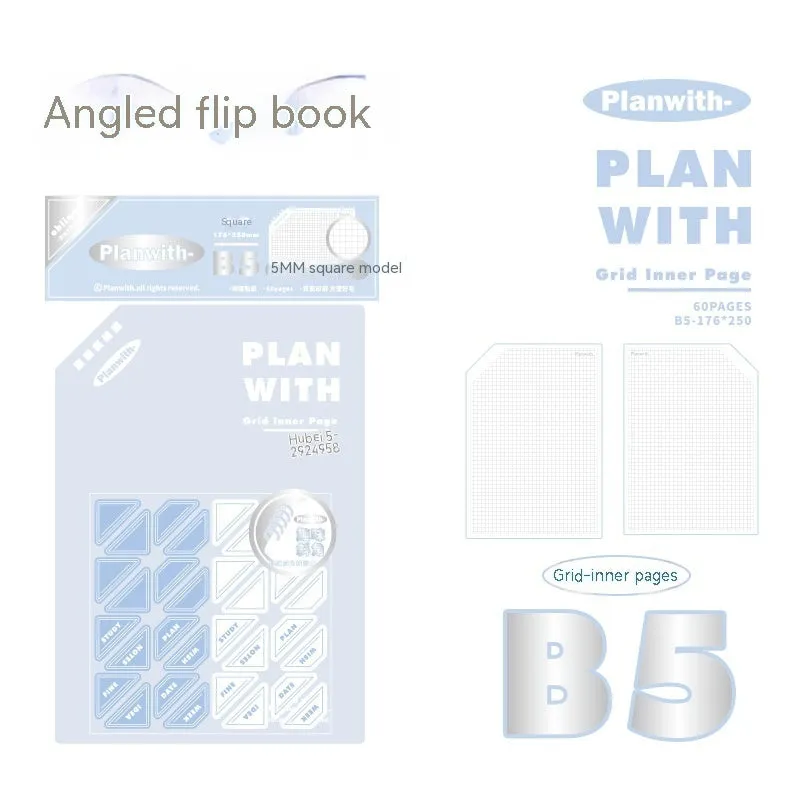 A5 horizontal softcover notebook with plain pages, shown in white and plaid blue cover options.