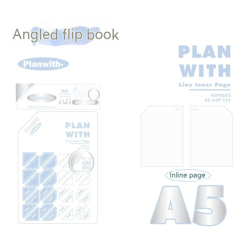 A5 horizontal softcover notebook with plain pages, shown in white and plaid blue cover options.