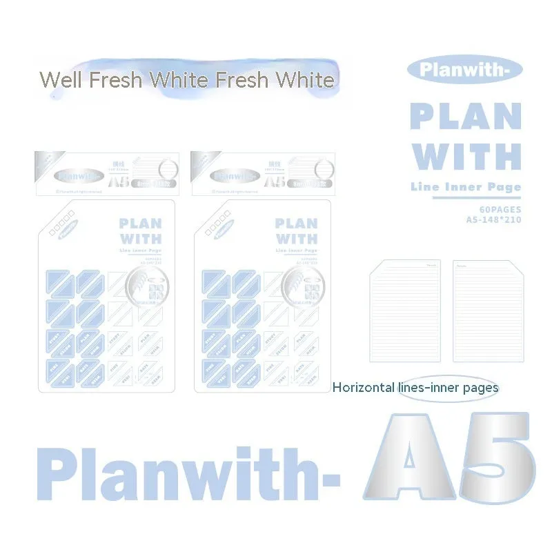 A5 horizontal softcover notebook with plain pages, shown in white and plaid blue cover options.