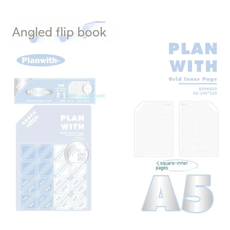 A5 horizontal softcover notebook with plain pages, shown in white and plaid blue cover options.