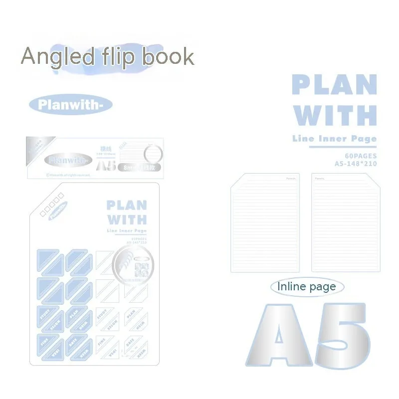 A5 horizontal softcover notebook with plain pages, shown in white and plaid blue cover options.