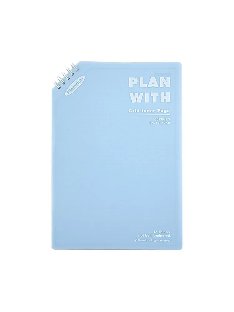 A5 horizontal softcover notebook with plain pages, shown in white and plaid blue cover options.
